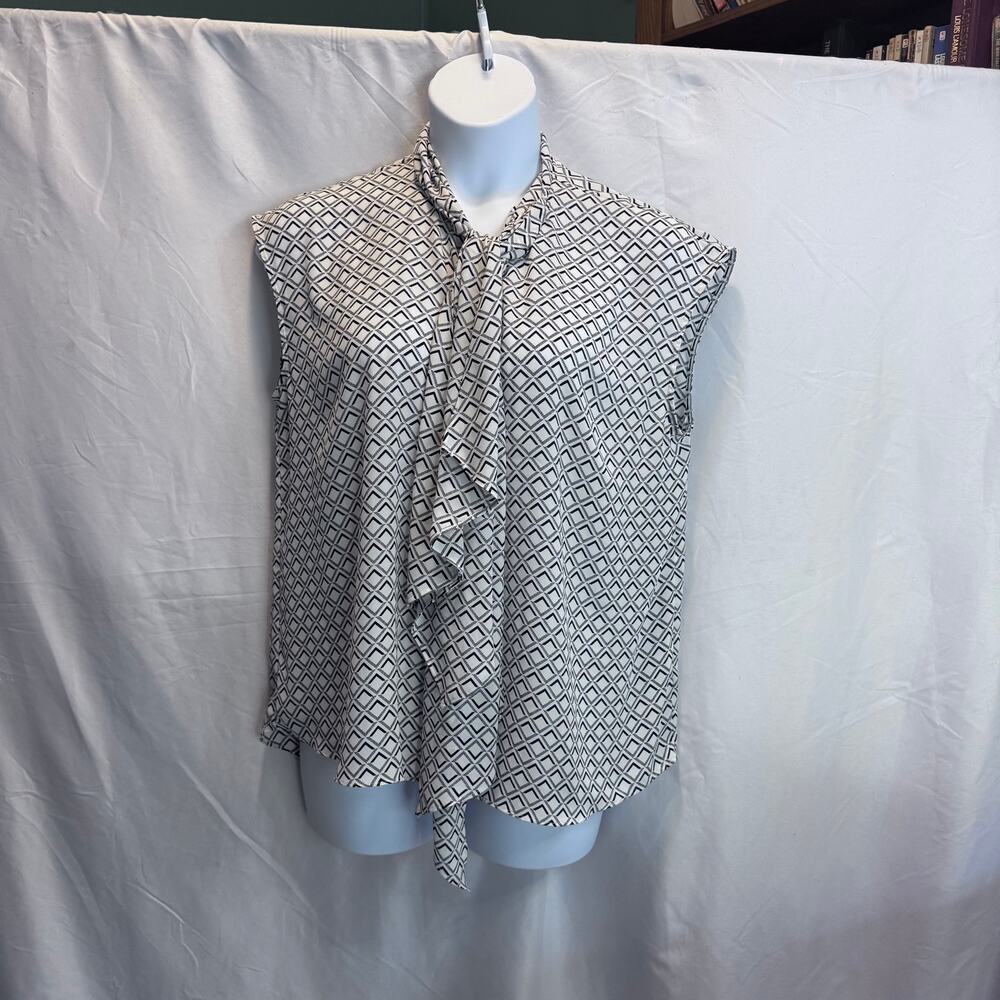 Worthington XXL Sleeveless Tie-Neck Blouse Geometric Diamond Print Black White
